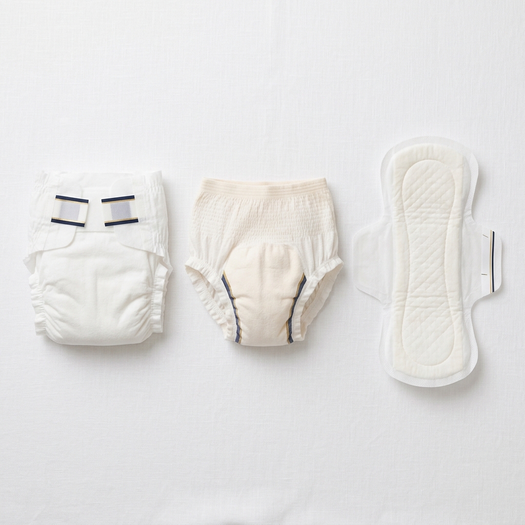 Tipos de fraldas geriátricas de abas, calça absorvente e absorventes íntimos