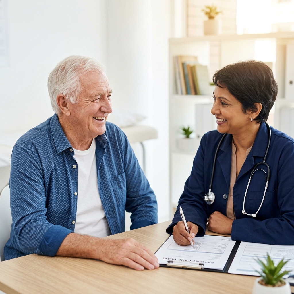 Consulta geriátrica — idoso sorridente durante atendimento médico especializado