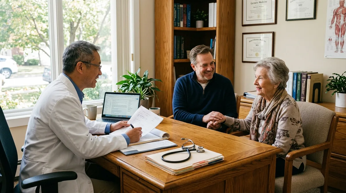 Médico geriatra conversando com paciente idoso durante consulta geriátrica
