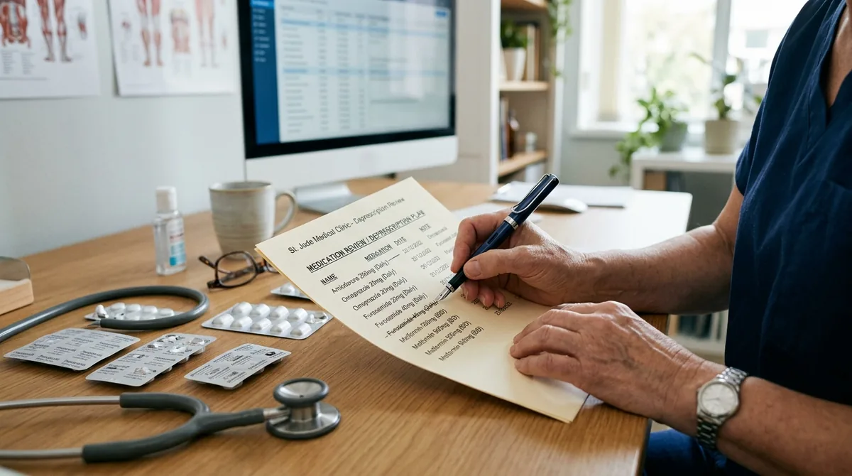 Médico revisando prescrições médicas para idoso, focando em segurança medicamentosa